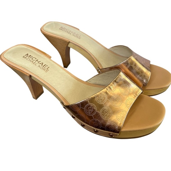NWOT Michael Kors 8.5 Rose Gold Open Peep Toe Wood High Heel Sandals - Picture 4 of 9